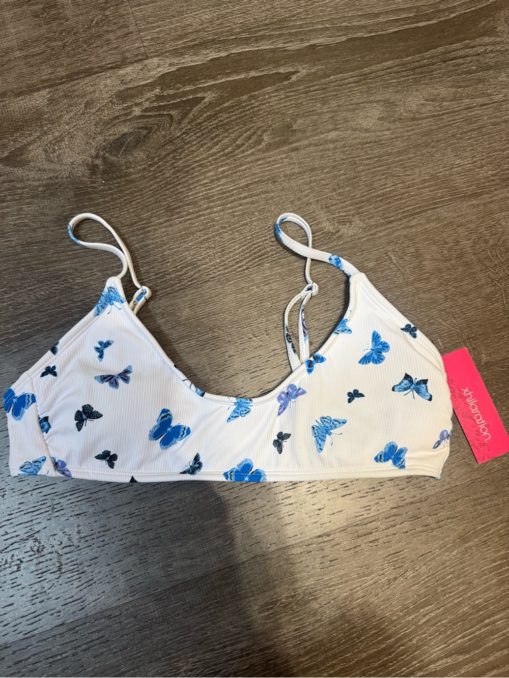 Xhilaration White Swim Top with Blue Butterfly Print